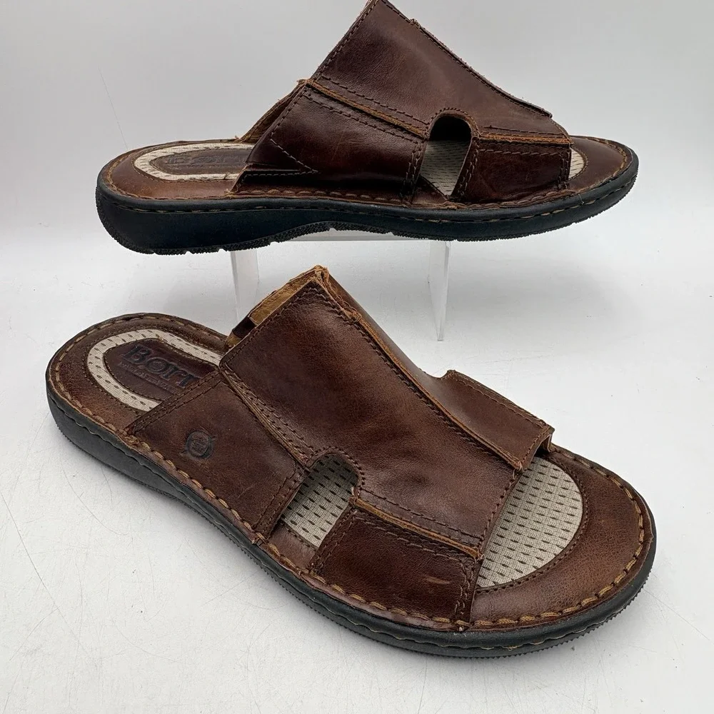 Born Mens 10M Brown Leather Slide Sandals Comfort Open Toe Casual Slip On